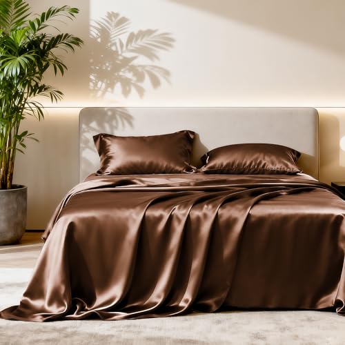 Image of Love's cabin Satin Queen Sheets Set - 4 Piece Brown Silky Bed Sheets with Deep Pocket, Luxury Silk Feel Satin Queen Size Sheet Set (1 Flat Sheet,1 Fitted Sheet,2 Pillow Cases)