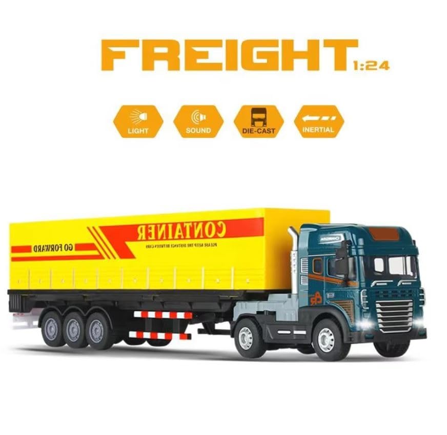 Image of Friction Powered Logistic Transport Truck Toy for Kids Boys Girls Big Size 1:24 Die cast Alloy Model Cargo Container Truck with Light Sound Pull Back Vehicle (Pack of 1, Multicolor)