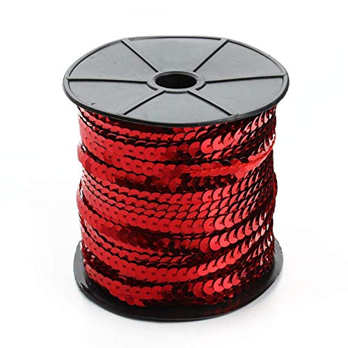 Aysekone 100 Yards 6mm Metallic Sequins Trim – Flat Round Spangle Sewing String for Wedding Dresses, Costumes & DIY Crafts (Red)
