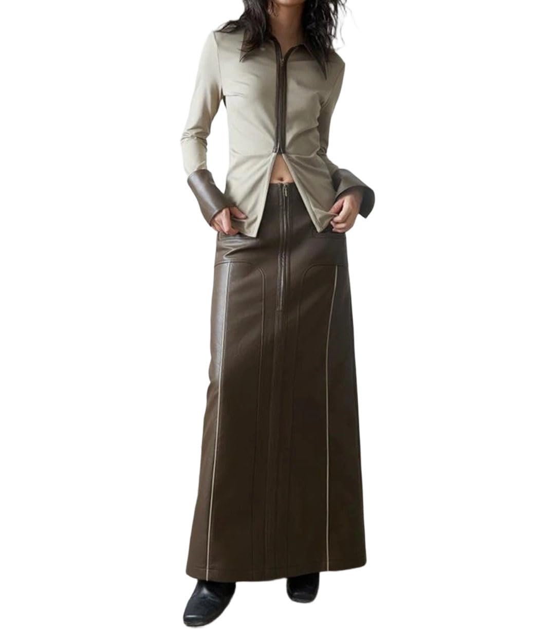 Womens High Waist Back Slit Spring Slim Hip-Hugging Colorblock Leather Maxi Skirt