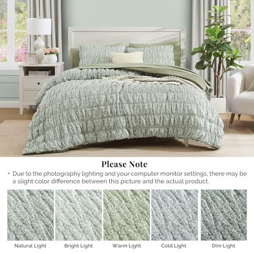 Queen Comforter Set-7 Pieces Sage Green Classic Puff Floral Bedding Sets for All Seasons,Shabby Chic Farmhouse Bed in a Bag Queen with Wildflowers Comforter,Sheets, Pillowcases & Shams