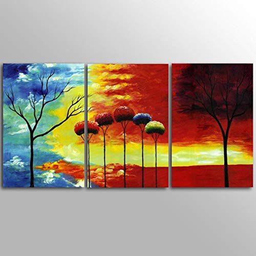 Tableau sur toile HD 3 pièces paysage couleur croquis et l'arbre du ciel pour décor salon