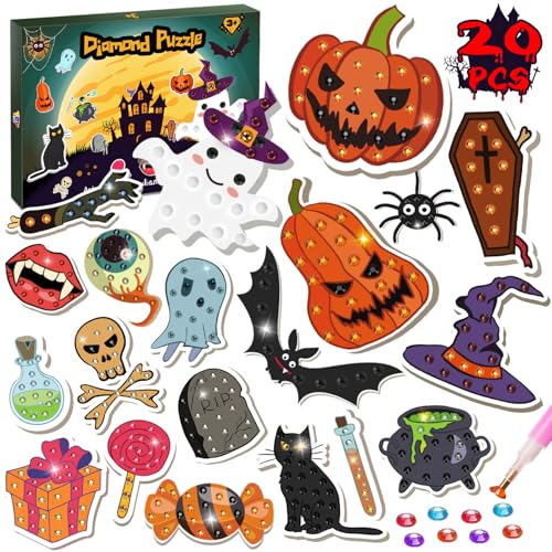 TOY Life Diamond Painting Kit 20PCS Gem Art Stickers for Kids, Halloween Fun Toys Pumpkin Ghost Witch Hat Crafts for Girls 8-12, Diamond Art Kits for Kids Birthday Gift Ideas