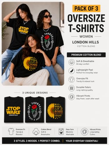 Image of London Hills Oversized Tshirt for Woman | t Shirt for Woman Oversized Fit Printed Round Neck | Tops for Woman's | Women t Shirt Loose Fit Drop Shoulder | t Shirts for Women | Western Tops