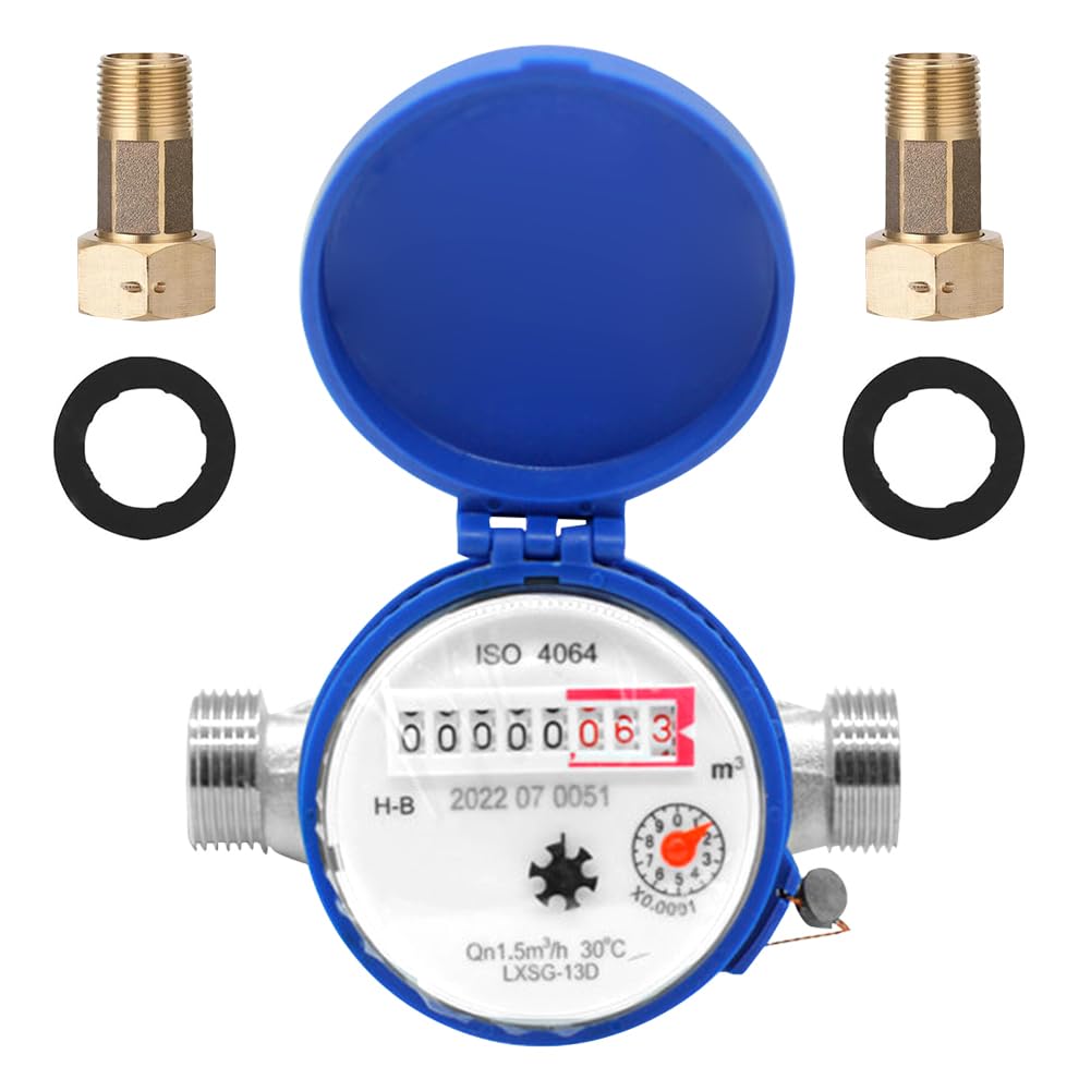 Compteur d'eau de jardin 1/2 pouce, compteur d'eau froide étalonné, compteur de robinet avec accessoires de montage et couvercle de protection, compteur d'eau froide domestique avec aiguille et