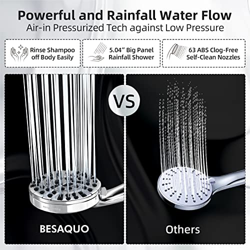 BESAQUO Shower Head,10 Functions High Pressure shower head with handheld, Built-in Pause Mode & Power Wash, Non-Clogging Nozzles High Flow Hand Held Shower Head, Leakproof 6ft Hose&Adjustable Bracket
