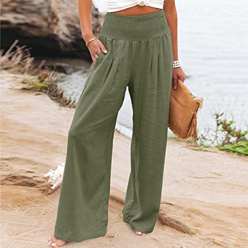 High Elastic Waist for Women Wide Straight Leg Solid Color Daily Long Trousers Casual Lightweight Summer Comfort W-2962