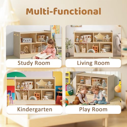 Image of Wooden Kids Storage Cabinet, 5-Section Toddler Montessori Bookshelf, Kids Organizer for Classroom, Playroom, Kindergarten, Medium Size