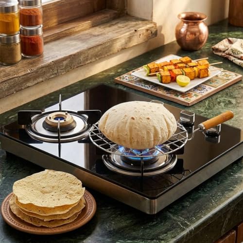 Image of Papad Jali Roast Paneer Grill Roti Maker | Round Barbeque Chapati Toast Grill with Wooden Handle | Stainless Steel Vegetable Tandoor Net for Baigan Bharta, Roti, Papad & BBQ Use