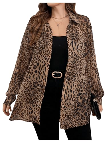 WDIRARA Women's Plus Size Leopard Print Sheer Blouse Button Front Long Sleeve Shirt