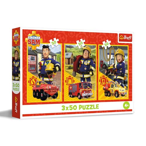 Trefl - Puzzle 3en1: Fireman Sam, El Equipo de la estación de Bomberos - 3 x 50 Piezas, Set de Tres puzles para niños a Partir de 4 años