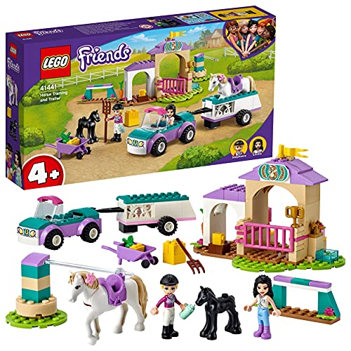 LEGO 41441 Friends Trainingskoppel und Pferdeanhänger, Pferd Spielzeug ab 4 Jahre für Mädchen und Jungen mit Pferdestall