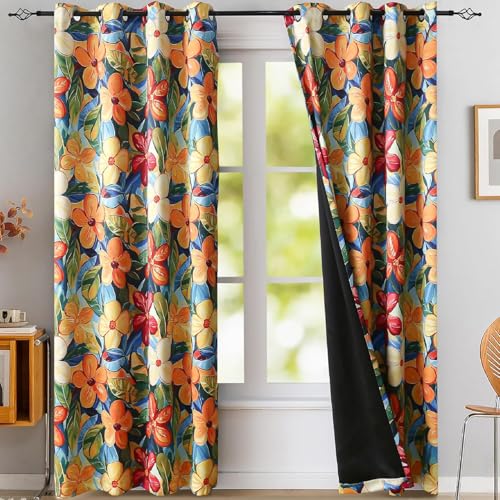 Image of BFAM Floral Print 100% Blackout Curtain with Black Linning at Back,Orange Floral Print Curtains for Living Room /Bedroom Thermal Insulated Energey Saving 10 Feet Pack of 1 Curtain