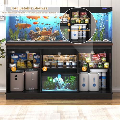 Image of Hlivelood Farmhouse 75-120 Gallon Fish Tank Stand with Power Outlet, Aquarium Stand w /Cabinet&Sliding Barn Door, Heavy Duty Reptile Tank Stand for Fish /Turtle /Reptile Terrarium, 1000LB Capacity, Black