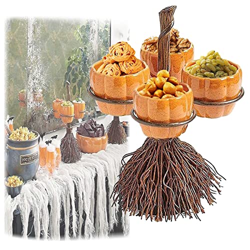 Soporte de cuenco de aperitivos de calabaza de Halloween, cuenco de dulces de Halloween, soportes de postre, plato de frutas, estante de aperitivos de escoba de bruja vintage for decoración de Hallowe Cover