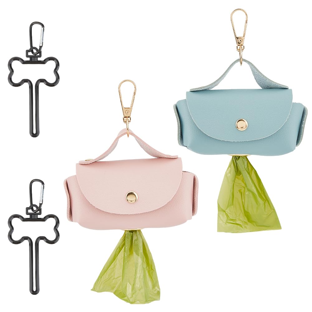 SUPERFINDINGS 2PCS 2 Colors Dog Poop Bag Holder with 2PCS Pet Leash Clasp Puppy Waste Bag Dispenser Imitation Leather Dog Poop Dispenser Bags for Leash 11.7x10.4cm