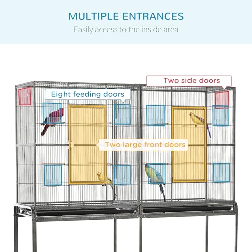PawHut-65-Double-Rolling-Metal-Bird-Cage-Feeder-with-Detachable-Rolling-Stand-Storage-Shelf-Wood-Perch-Food-Container