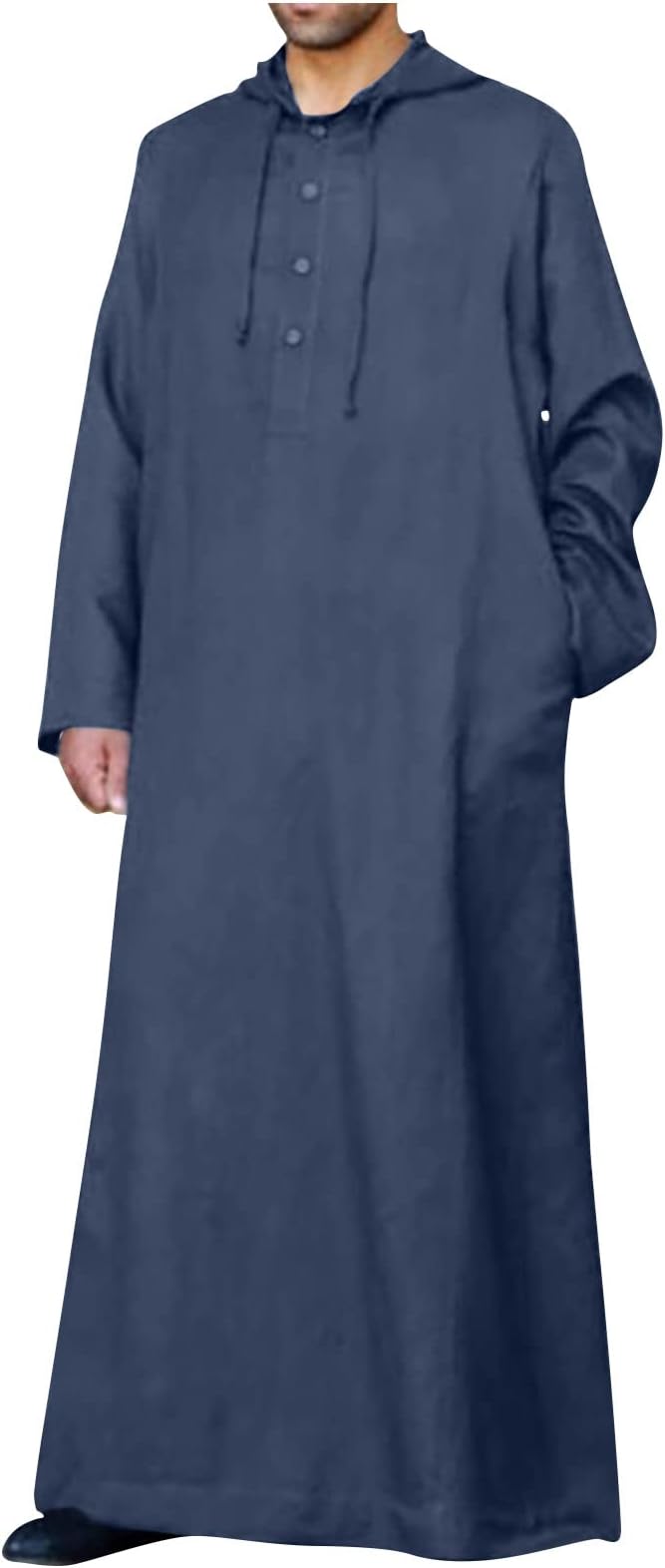 Plus Size Cotton Linen Thobe For Men Long Sleeve Button Down Long Gown Hoodie with Pockets Muslim Hooded Kaftans