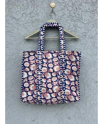 Image of Quilted Cotton Handprinted Reversible Large multicolor Floral Tote Bag,Hand Block Print Shopping Shoulder Carry Bag