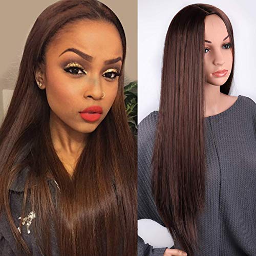 Long Straight Wig for Women 28 Inches Dark Brown Color Middle Part Synthetic Wigs Long Straight Hair Wig for Party, Cosplay