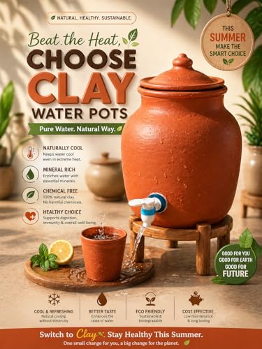 Image of KUYAVAN MUDPANDAM 5 Litre Clay Water Pot with Tap & Lid | Terracotta Matka with 200 ML Clay Glass | Natural Cooling Earthen Water Dispenser for Home & Kitchen
