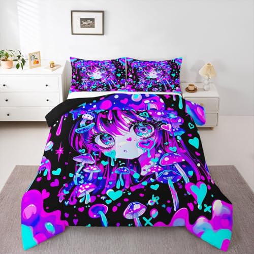 Image of Erosebridal Japanese Girl Bedding Full,Cartoon Girly Comforter Set 3D Anime Gifts Bed Sets Colorful Graffiti Print Duvet Insert 3 Pieces