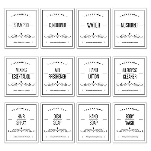 12 Pack White Printed Waterproof Labels for Bottles, Farmhouse Label Stickers for Kitchen & Bathroom Soap Dispenser