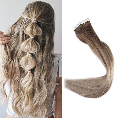 Full Shine 20" Balayage Tape in Hair Extensions Color #8 Fading to #60 and #18 Ash Blonde Balayage Human Hair Ombre Skin Weft Hair Extensions 40 Pcs 100grams Per Package