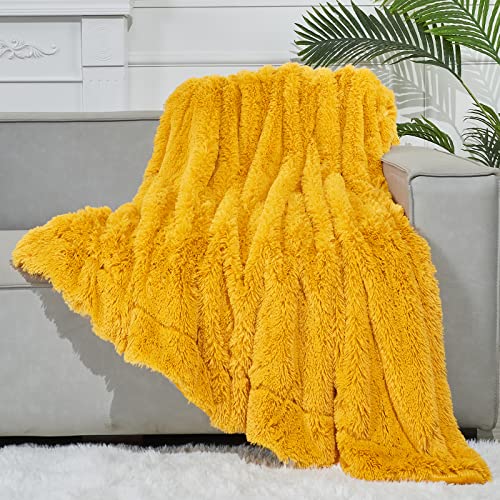 GONAAP Fuzzy Faux Fur Throw Blanket Mustard Yellow Super Soft Cozy Plush Fuzzy Shaggy Blanket for Couch Sofa Bed (Mustard Yellow, Throw(50"x60"))