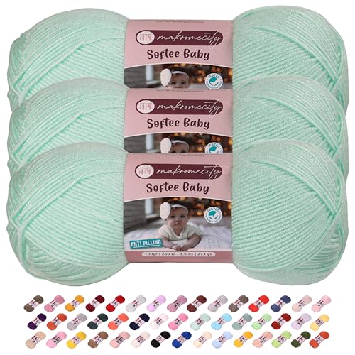 Image of Makromecity Softee Baby Yarn,%100 Premium Anti-Pilling Acrylic, 3.5 Oz, 273 yd (100gr /250 mt), Soft Yarn for Crocheting and Knitting (Mint, 3 Skeins)