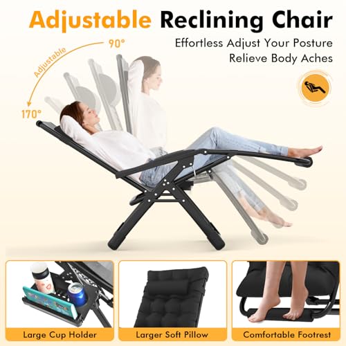 Image of Slendor Oversized Zero Gravity Chairs XL, 29in Padded Recliner Chair, Black | Reclining Lounge Chair, Folding Anti Gravity Chairs w /Aluminum Alloy Lock,Headrest,Cup Holder, Support 440lbs,for Lawn Patio