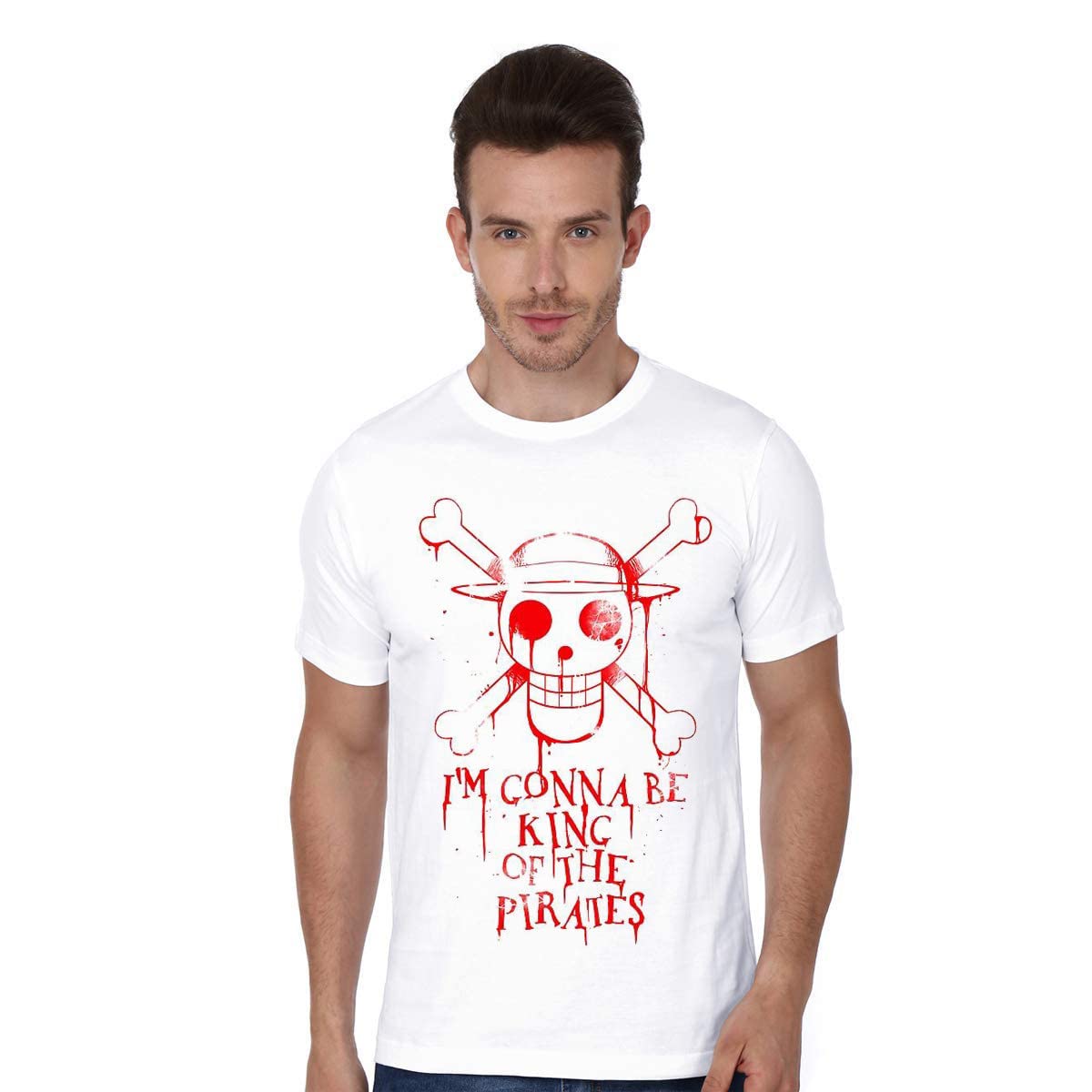 COOQUE Round Neck Half Sleeve Printed Anime Luffy Gonna Be King Plain T-Shirt for Men's/Boy's (White)