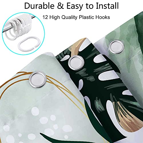 Ptrxobj Green Chic Abstract Shower Curtain Set With Hooks Boho Green Gold Leaves Tropical Watercolor Simple Minimalist Fancy Modern Bathroom Bathtubs Art Decor Washable Durable Fabric, 69X72 Inch #TOP6