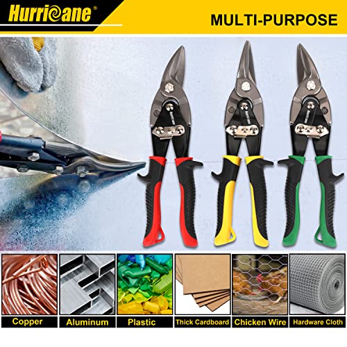 HURRICANE 3 Pcs Aviation Tin Snips Set, Metal Cutter Shear for Cut Sheet Metal, Chrome Vanadium Steel, Straight Left and Right, Ergonomical Tyre Grip Handle with Safety Latch - Image 8