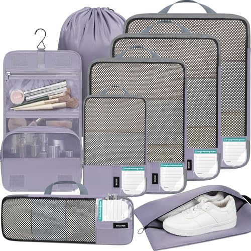 Image of BAGAIL 4 Set /6 Set /8 Set Compression Packing Cubes Travel Accessories Expandable Packing Organizers(HalfMesh,8-Dusty Purple)