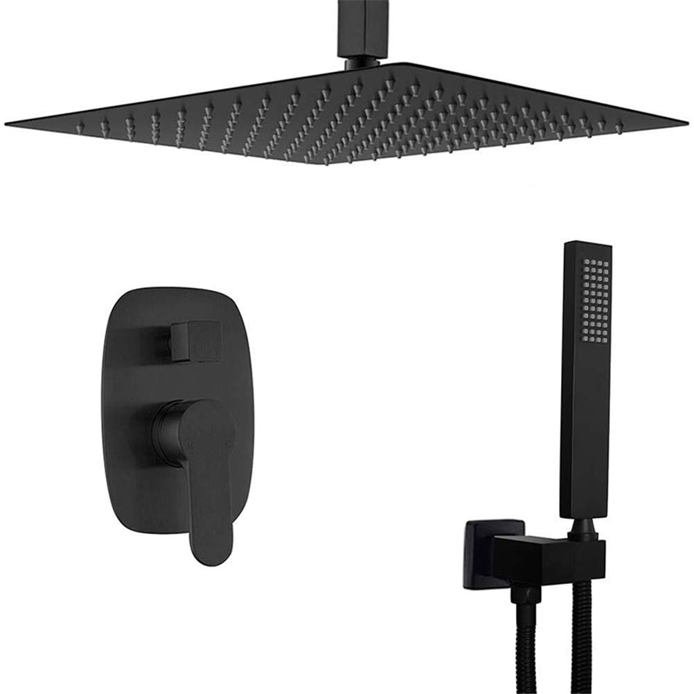NGDFGR Shower Faucet Set, Ceiling Mounted Square 10-12 In Rainfall Shower With Handheld Shower Head And Waterfall Spout Tub Shower Taps With Shower Mixer Kit,Gold,12 In,Black-10 Inch