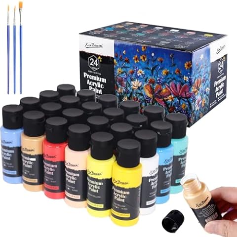 Acrylic Paint Set with 3 Brushes, 24 Colors (2oz/60ml) Art Craft Paints Gifts for Adults Kids Artists Beginners, Non Toxic Acrylic Paints on Halloween Pumpkin Christmas Acrylic Paint Set Art Supplies Cover