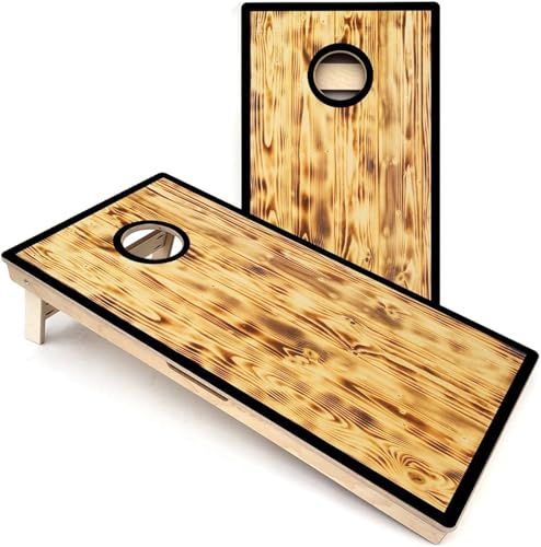 Skip's Garage Burnt Wood Themed All-Weather Cornhole Boards - Includes (2) Boards (NO Bags) + (2) Board Edge Lights