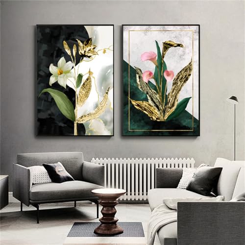 Tableau abstrait moderne vintage fleurs dorées 2 pièces 40x60cm WUHBCZ - 4
