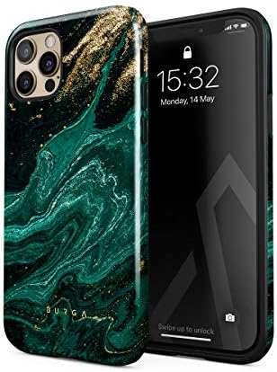 BURGA Phone Case Compatible with iPhone 12 PRO - Hybrid 2-Layer Hard Shell + Silicone Protective Case -Emerald Green Jade Stone High Luxury Gold Glitter Marble - Scratch-Resistant Shockproof Cover