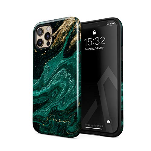 Burga Phone Case Compatible With Iphone 12 Pro - Hybrid 2-Layer Hard Shell + Silicone Protective Case -Emerald Green Jade Stone High Luxury Gold Glitter Marble - Scratch-Resistant Shockproof Cover #TOP1