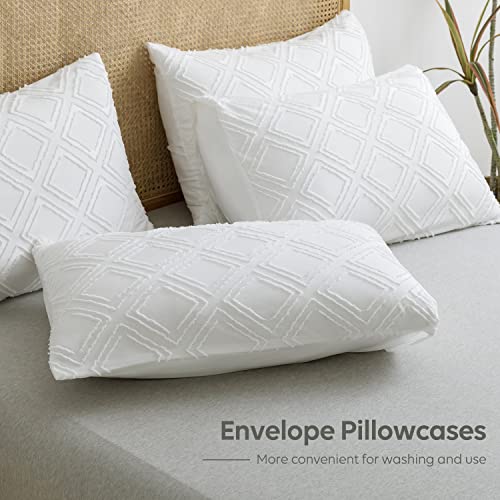 Jellymoni Ultra-Soft Microfiber 3Pcs Tufted Duvet Cover Set, White Boho Textured Bedding Cover Jacquard Rhombus Geometric Pattern Reversible Comforter Cover With Zipper Closure & Corner Ties (Full) #TOP4