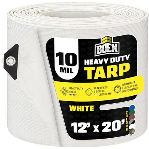 Heavy Duty Tarp Waterproof Large Cover |White, 12' x 20' 10 Mil Thick | Rip Proof Tarps | Thick Weave Material, UV Resistant Great for Tarpaulin Canopy Tent, Boat, RV or Pool Cover