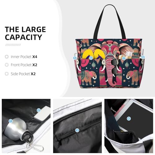 Bohemian Elephant Pattern Print Large Waterproof Beach Bag For Women With Zipper And Pockets For Travel Vacation3