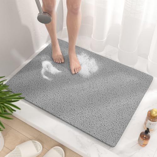 HITSLAM Tapis de Douche Antiderapant, 80x60cm Tapis de Baignoire Antidérapant avec Drain, Doux PVC Luffa Tapis de Bain pour Salle de Bain, Séchage Rapide, Gris