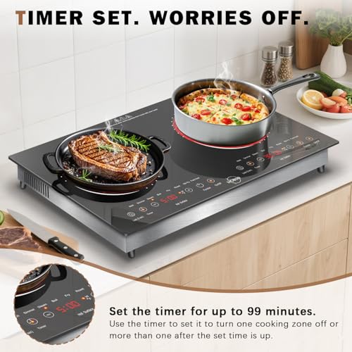 Hobsir 2 Burner Electric Cooktop 110v, 2000W, Electric Stove Top Burner, 24 Inch Countertop and Built-in Hot Plate Stove with Plug, LED Touch, Menu, Safety Lock for Kitchen Apartment RV Camp Stoves