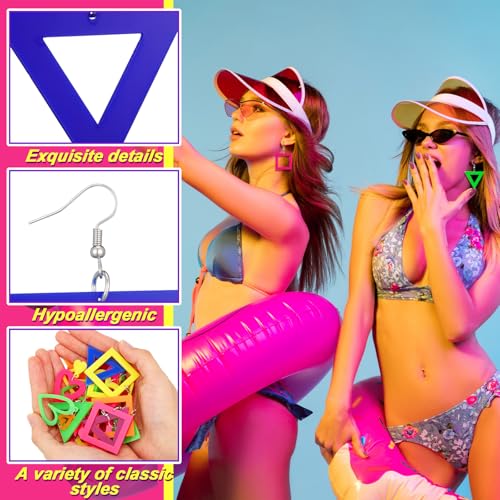 Nosiny 12 Pairs 80s 90s Neon Earrings for Women Acrylic Fluorescent Heart Lightning Triangular Square Earrings Retro Colorful Drop Dangle Pendant Jewelry Accessories for 90s 80s Outfit Glow Party3