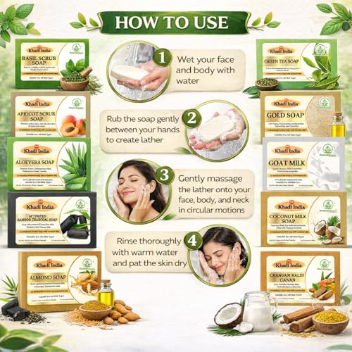 Image of Khadi Organic and Natural Handmade Bathing Soap for Men & Women By Bhudevam Naturals | Assorted Herbal & Chemical-Free Face and Body Soap for Gentle Cleansing & Healthy Skin (Assorted Bathing Soap (Pack of 10))