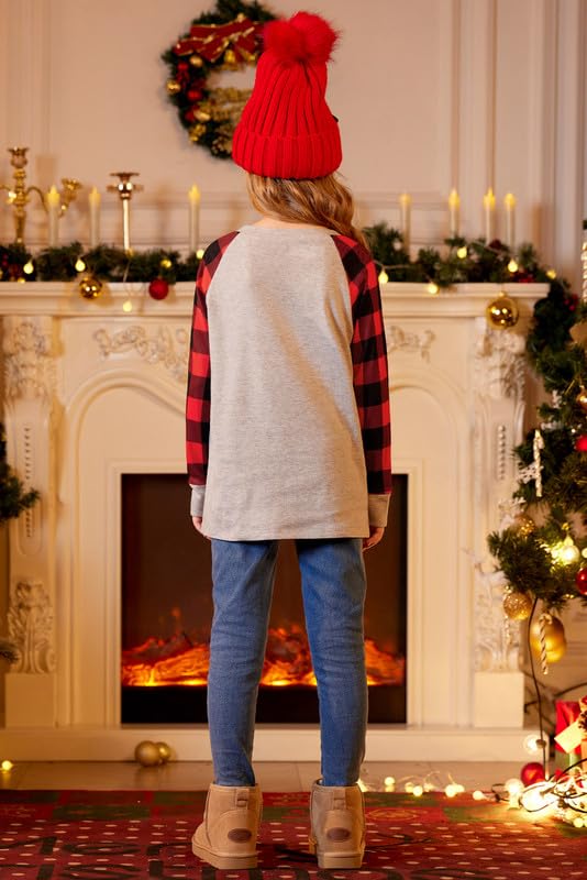 Image of BesserBay Girl's Christmas Buffalo Plaid Raglan Top Funny Holiday Graphic Shirt 4-14 Years