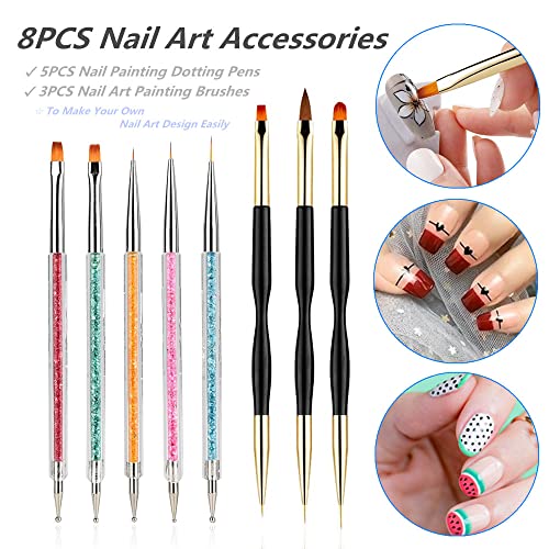 Fulinjoy 8Pcs Nail Art Brushes, Double-Ended Brush And Dotting Tool Kit, Dual End Nail Art Pen Brush Acrylic Round Flat Painting Drawing Liner Nail Tools #TOP6